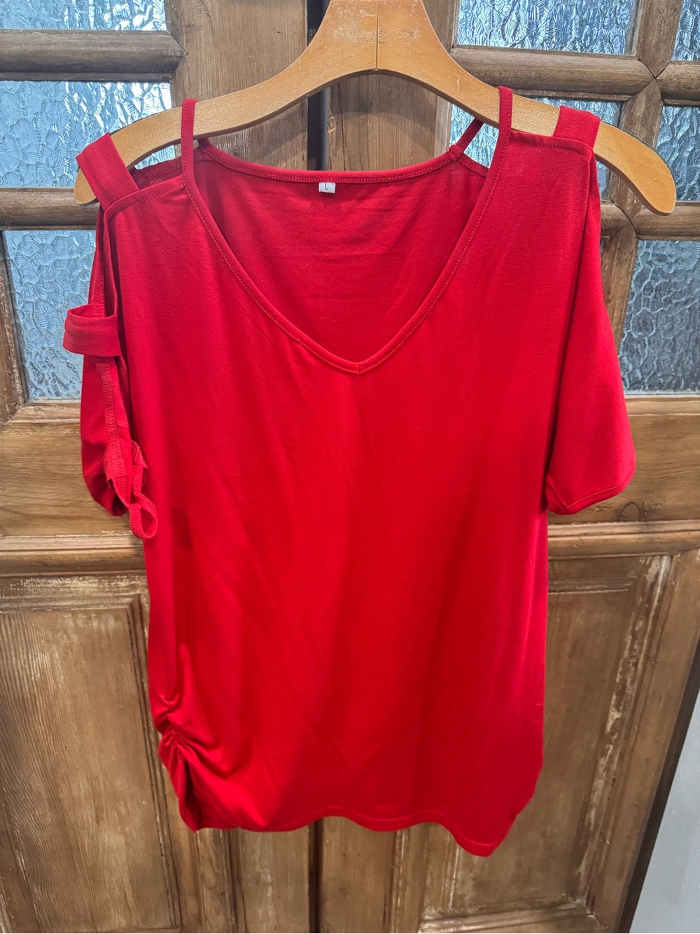 Red Cold-Shoulder V-Neck Women’s Top